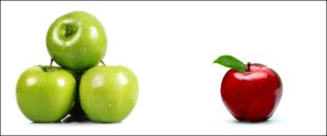 Group of 3 green apples compared to 1 red apple