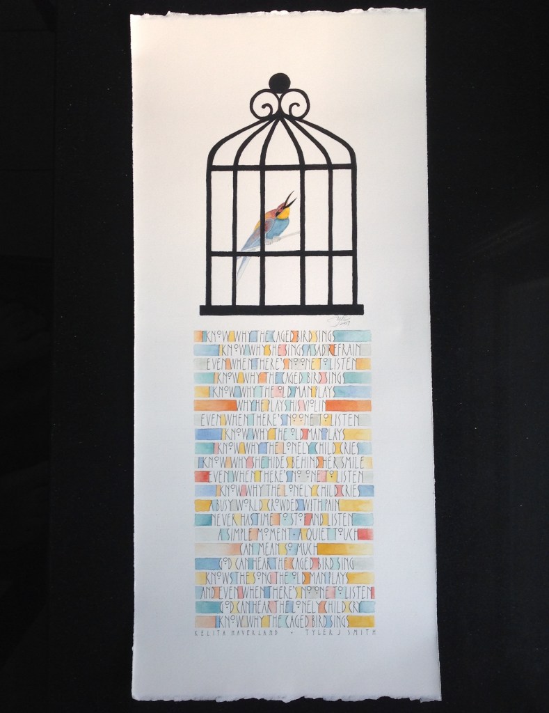 Caged Bird. Lyrics and music by Kelita Haverland and Tyler J. Smith. Mixed media on Arches watercolour paper
