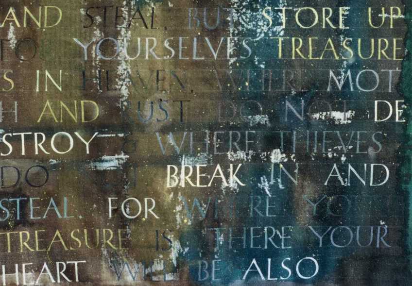 Wealth as Treasures in Heaven (Matthew 6:21-23). Drawn Romans. Acrylic on canvas.