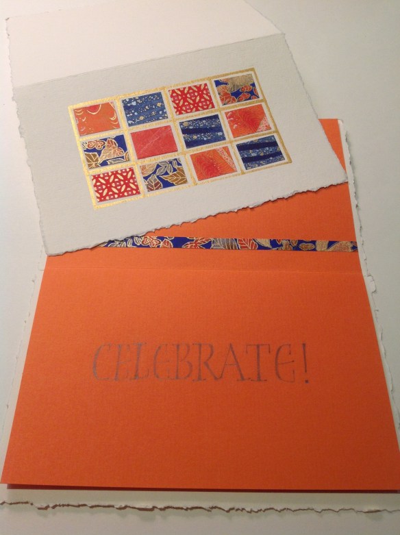 Card decorated with Japanese Chiyogami paper squares and the word 