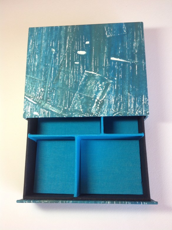 Jewellery Box with drawer and compartments; covered with cloth and paper