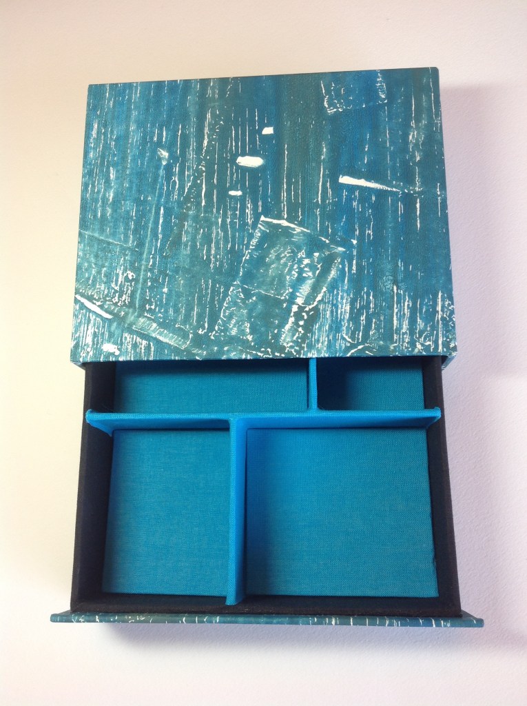 Jewellery Box with drawer and compartments; covered with cloth and paper