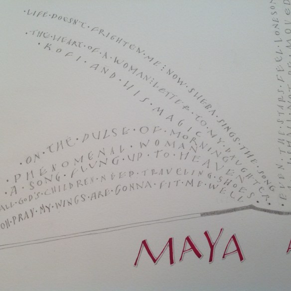 Maya Angelou book titles rendered in broad-edge nib and pencil