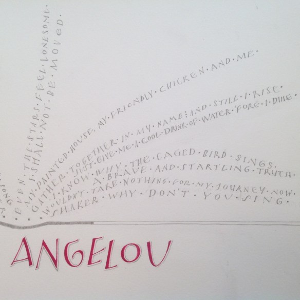 Maya Angelou book titles rendered in broad-edge nib and pencil