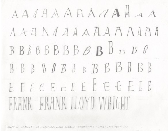 Pencil drawn letters A, B, E, and Frank Lloyd Wright