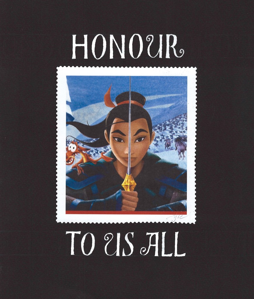 Postage stamp created to honour Mulan with text "Honour To Us All"