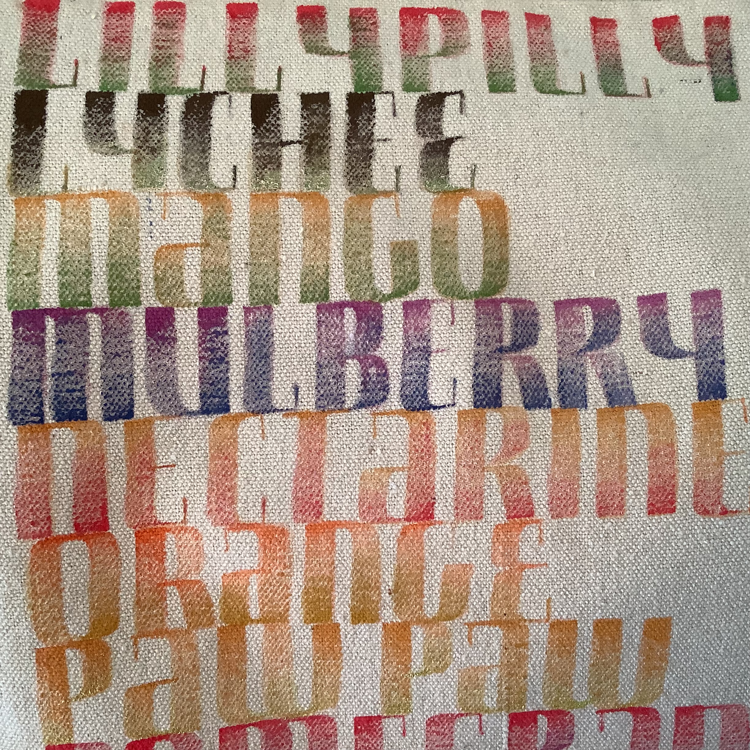 Tote bag lettered with names of fruit