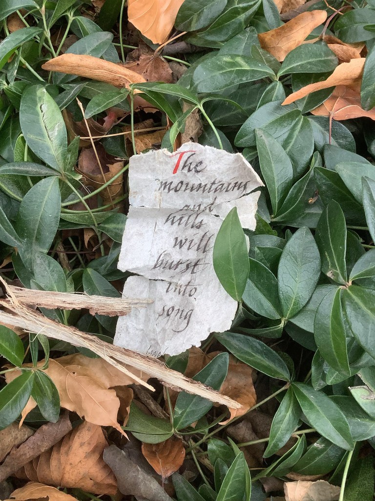 Weathergram remnant bearing the message: The mountains and hills will burst into song.