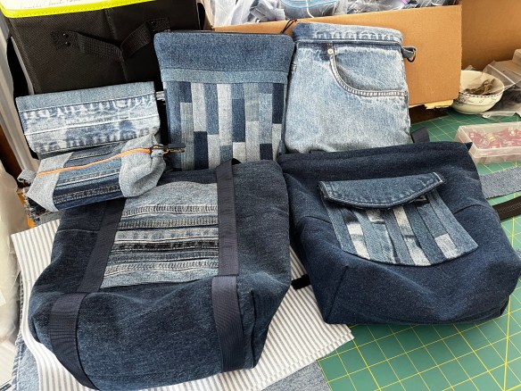 Denim bags and totes on the sewing table